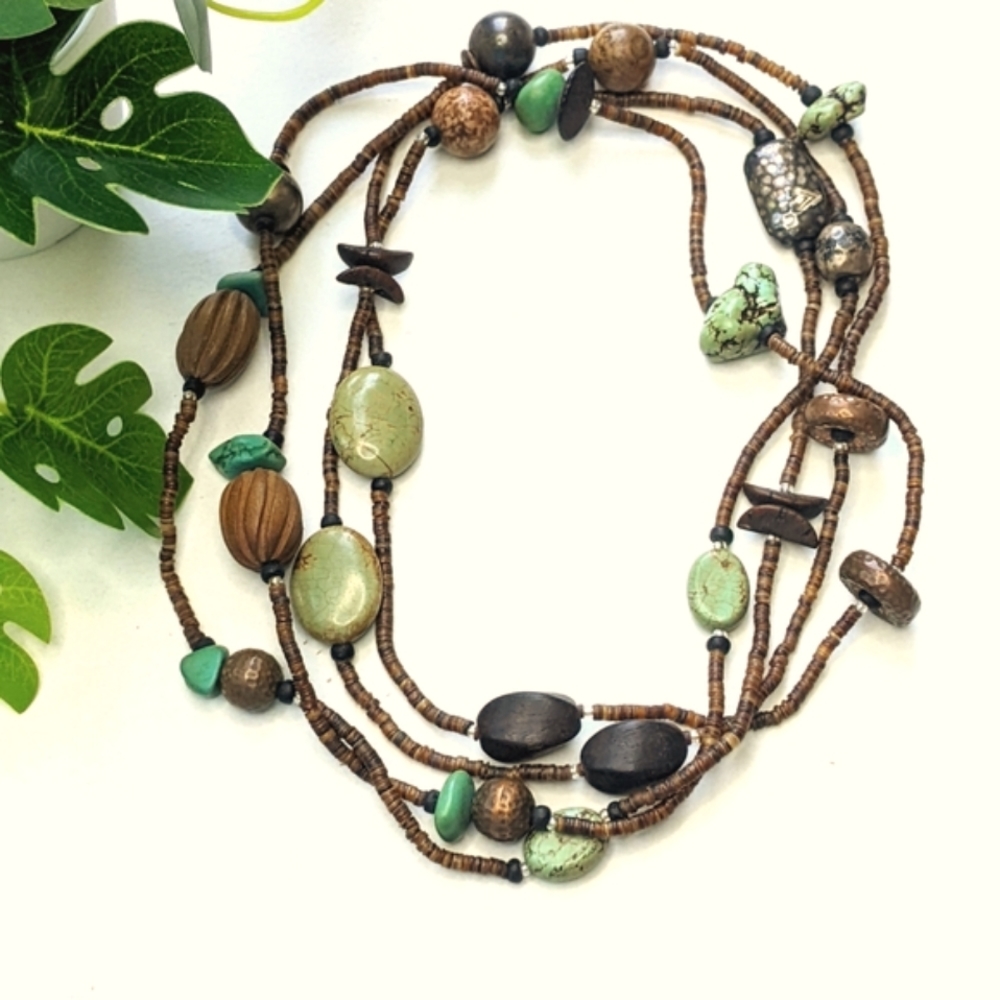 Wooden beads, real stones, and mixed metals long strand Boho necklace